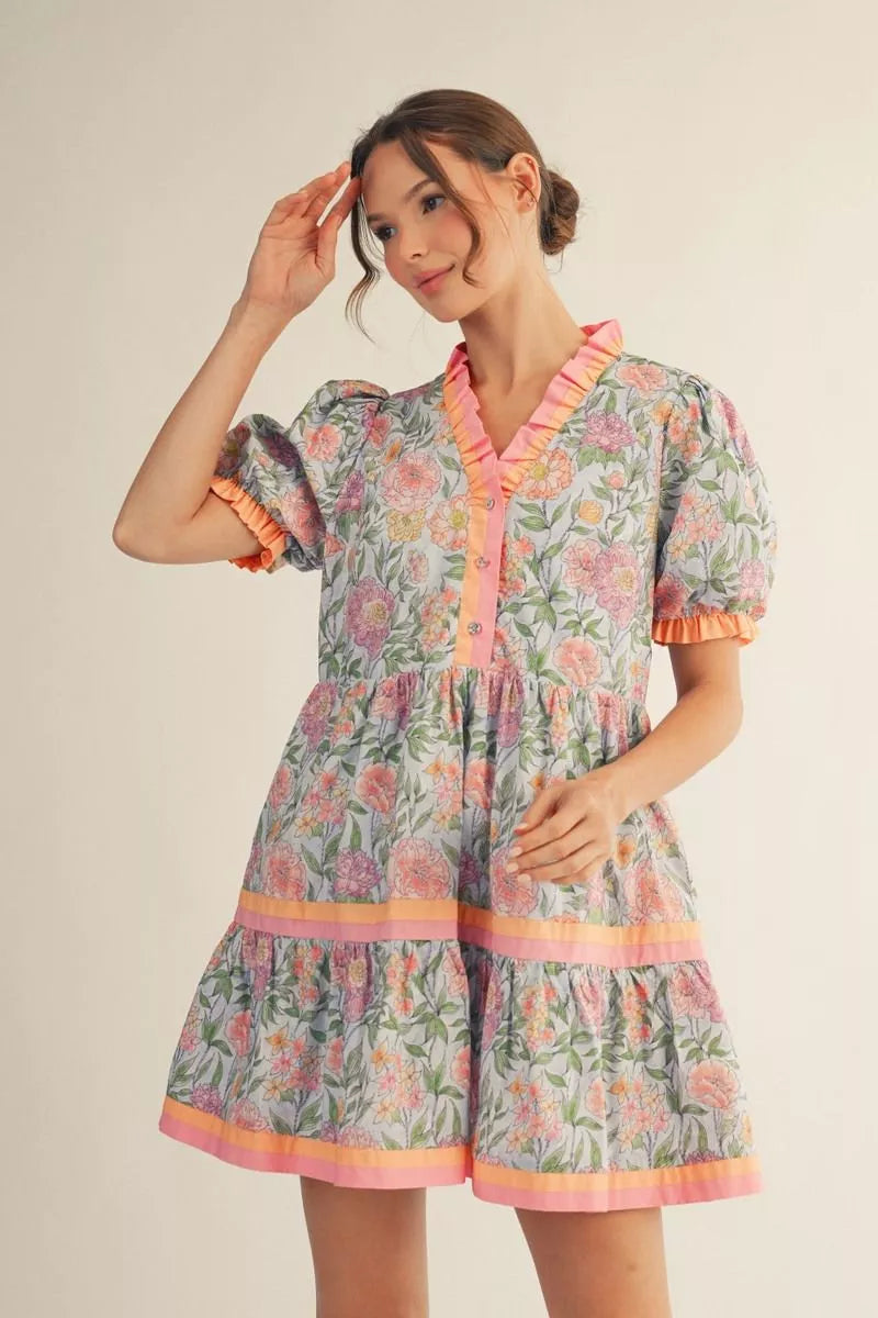 Sky Blue Tiered Floral Babydoll Dress