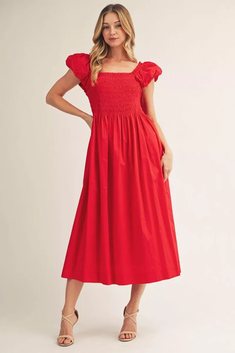 Jodifl Red Puffed Sleeve Midi Dress Apparel & Accessories - The Attic Boutique