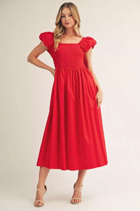 Jodifl Red Puffed Sleeve Midi Dress Apparel & Accessories - The Attic Boutique