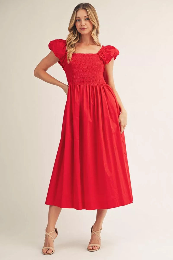 Jodifl Red Puffed Sleeve Midi Dress Apparel & Accessories - The Attic Boutique