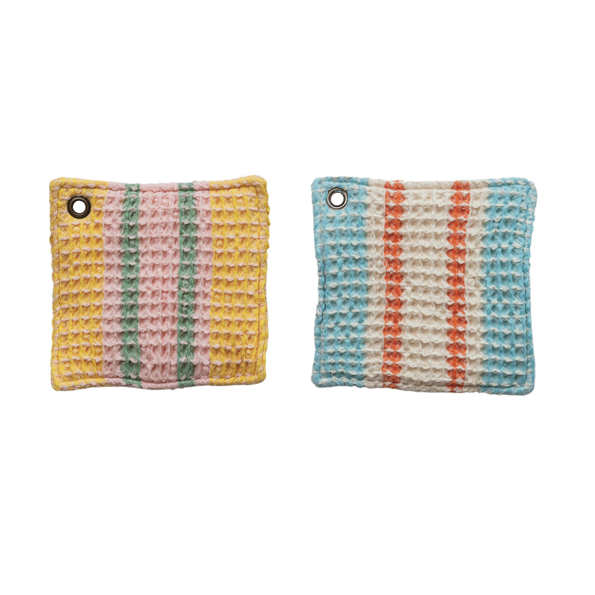 Woven Cotton Waffle Weave Pot Holder w/ Stripes & Metal Grommet, 2 Styles