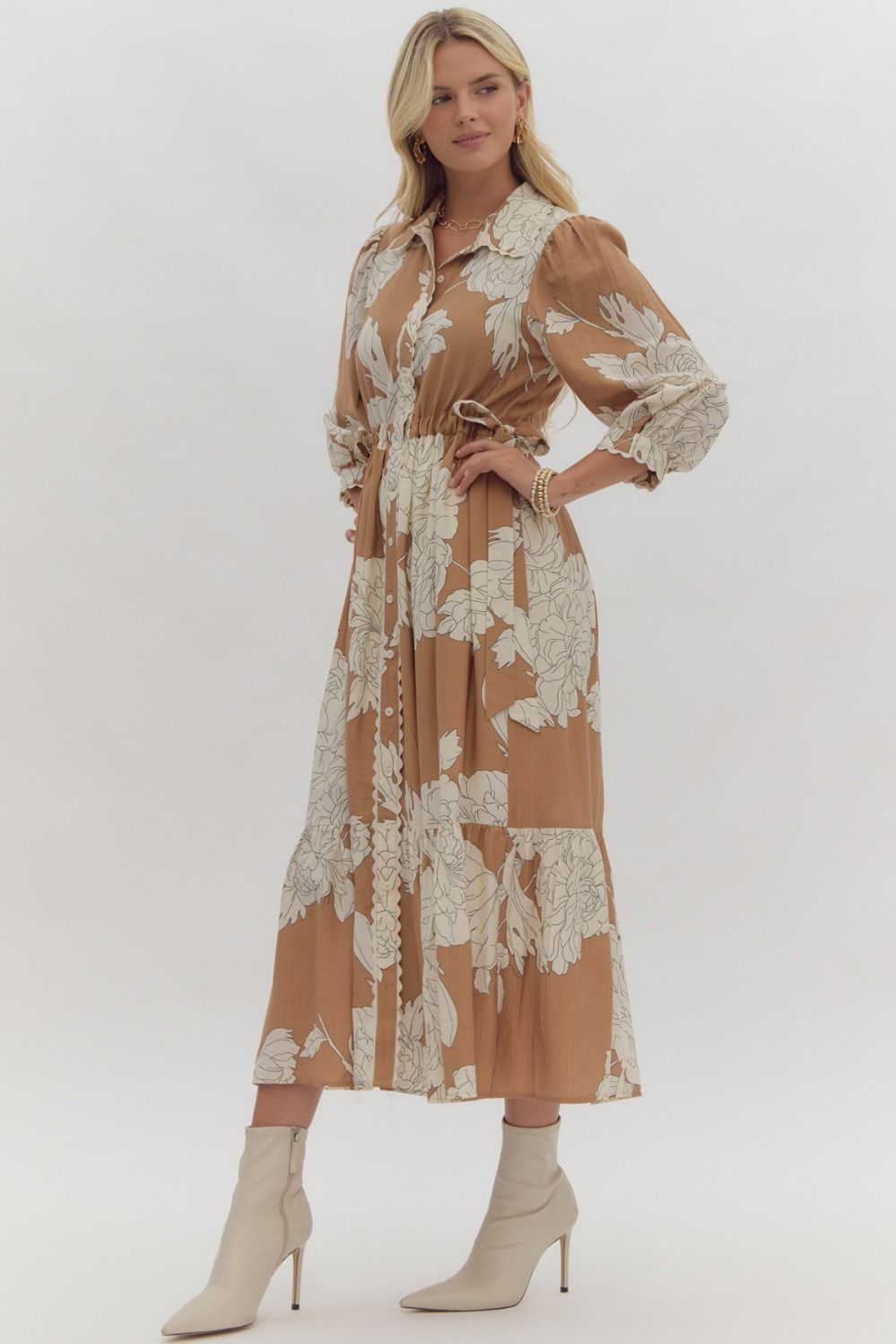 The Attic Boutique Camel Floral Midi Dress Dress - The Attic Boutique