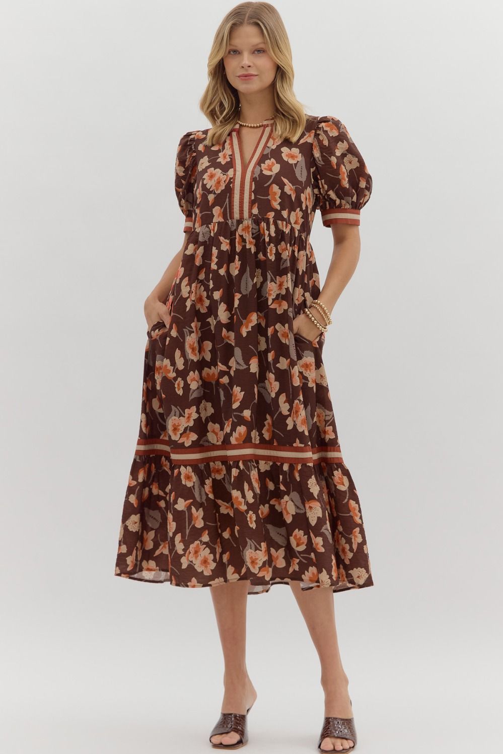 Entro Brown Floral Midi Dress  - The Attic Boutique