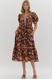 Entro Brown Floral Midi Dress  - The Attic Boutique