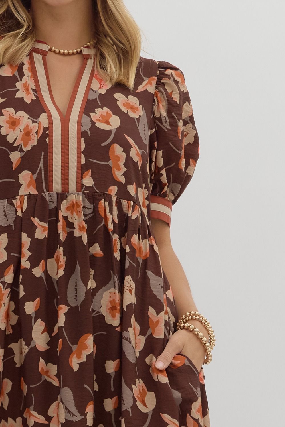 Entro Brown Floral Midi Dress  - The Attic Boutique