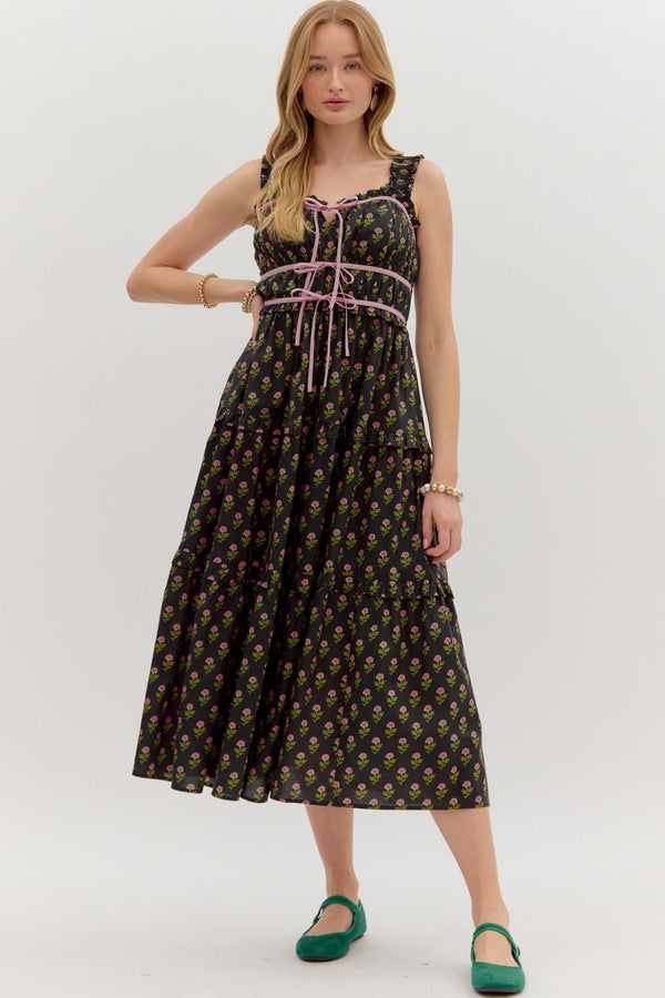 Entro Black Floral Midi Dress  - The Attic Boutique