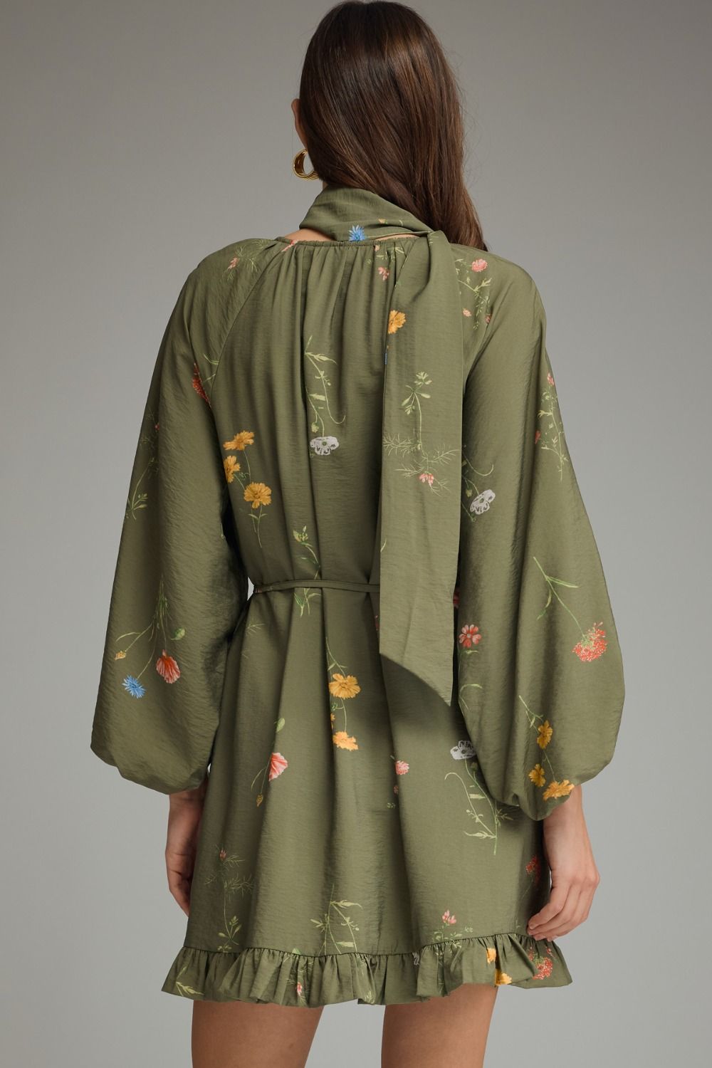 Olive Floral Tie Neck Mini Dress