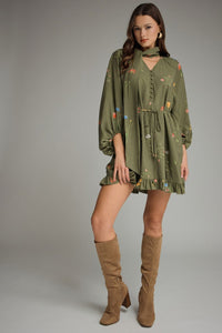 Olive Floral Tie Neck Mini Dress