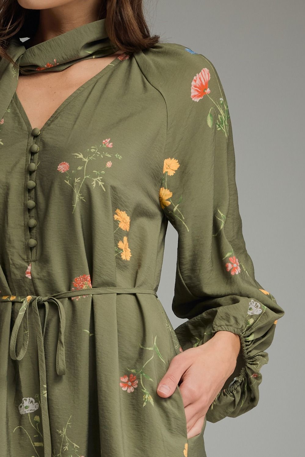 Olive Floral Tie Neck Mini Dress