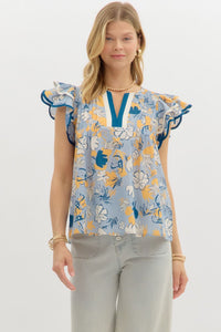 Entro Slate Blue Floral Top  - The Attic Boutique