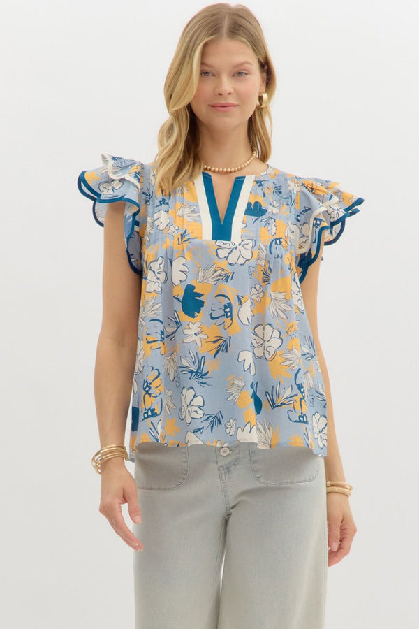 Entro Slate Blue Floral Top  - The Attic Boutique