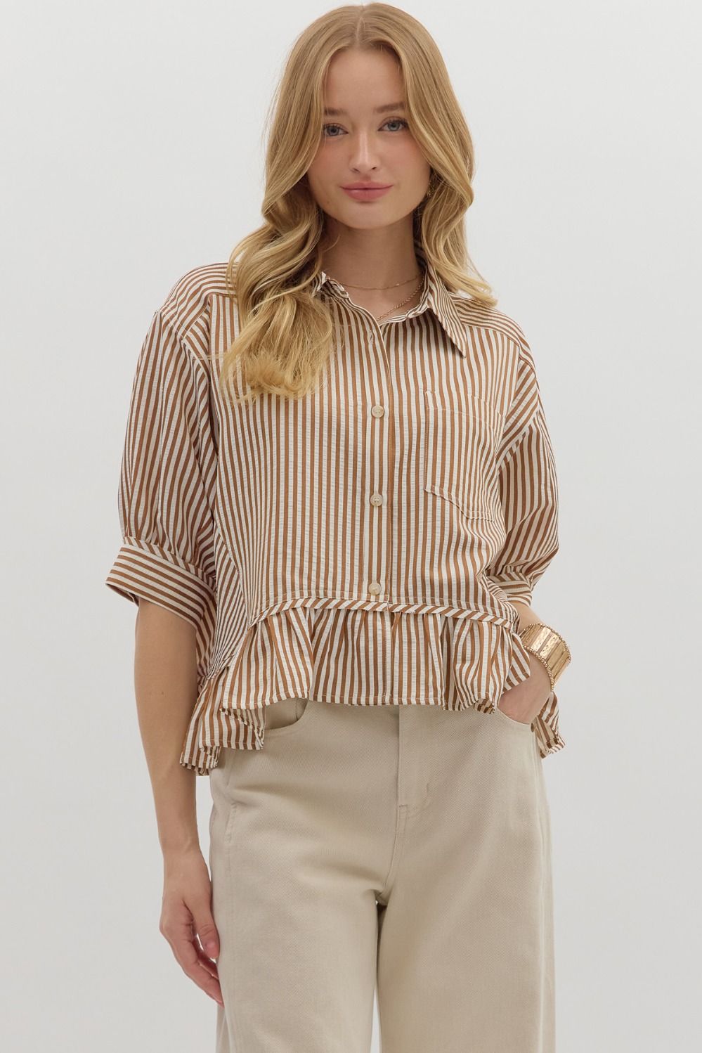 Entro Stripe Brown Top  - The Attic Boutique