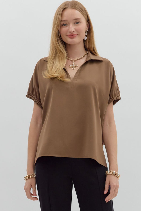Entro Mocha Collar Top  - The Attic Boutique