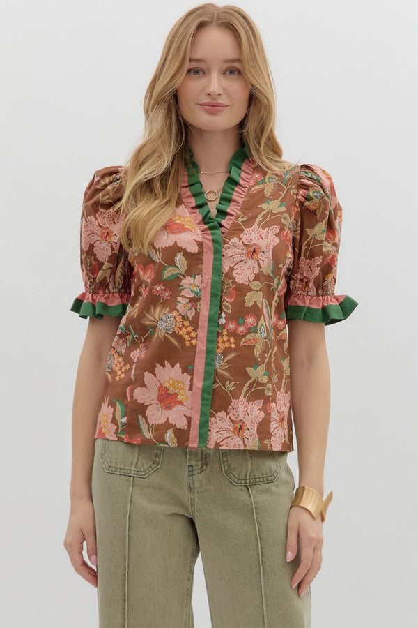 Entro Brown Ruffle Top  - The Attic Boutique