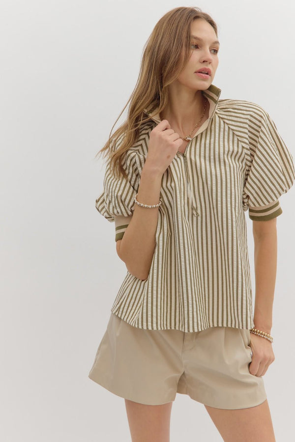 Entro Olive Half- Zip Top  - The Attic Boutique