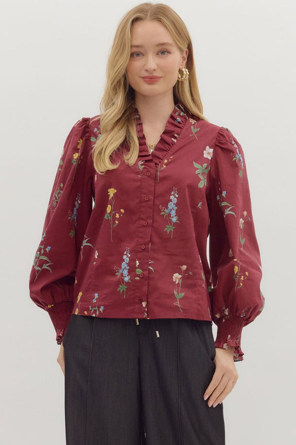 Entro Burgundy Floral Top  - The Attic Boutique