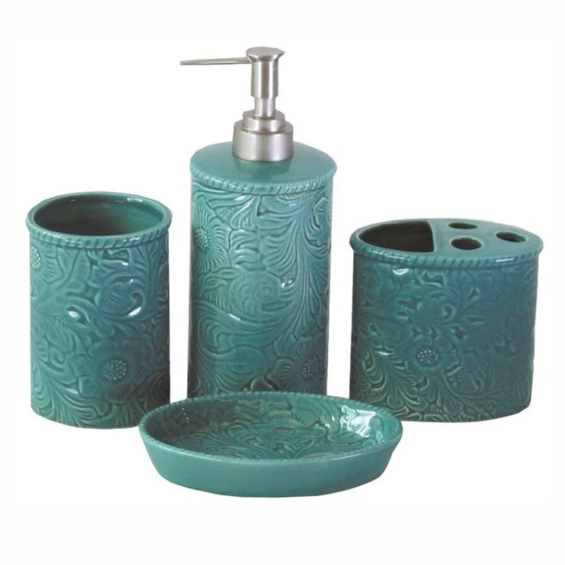 The Attic Boutique Savannah Ceramic Countertop Bathroom Se in Turquoise, 4PC, Bathroom Accessory - The Attic Boutique