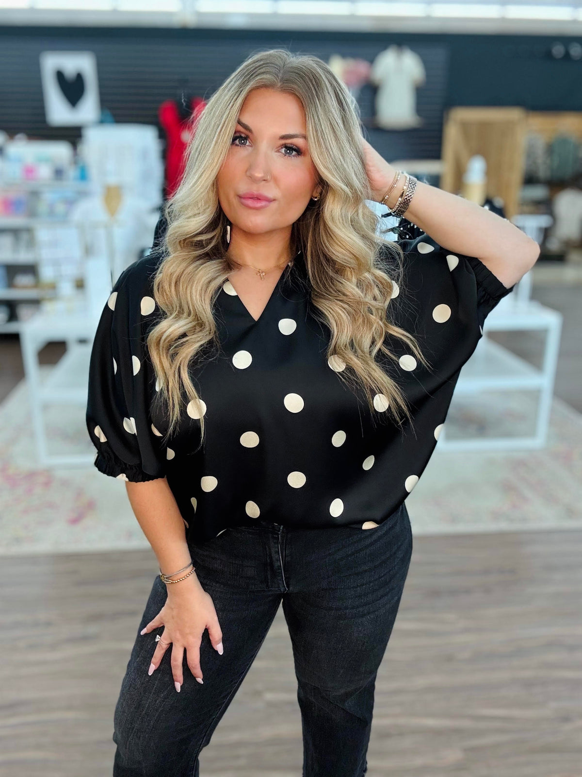 Black Polka Dot Satin Top
