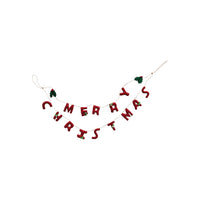 Handmade Wool Felt Garland w/ Holly Leaves & Berries "Merry Christmas", Red & Green