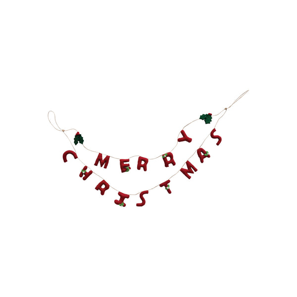 Handmade Wool Felt Garland w/ Holly Leaves & Berries "Merry Christmas", Red & Green